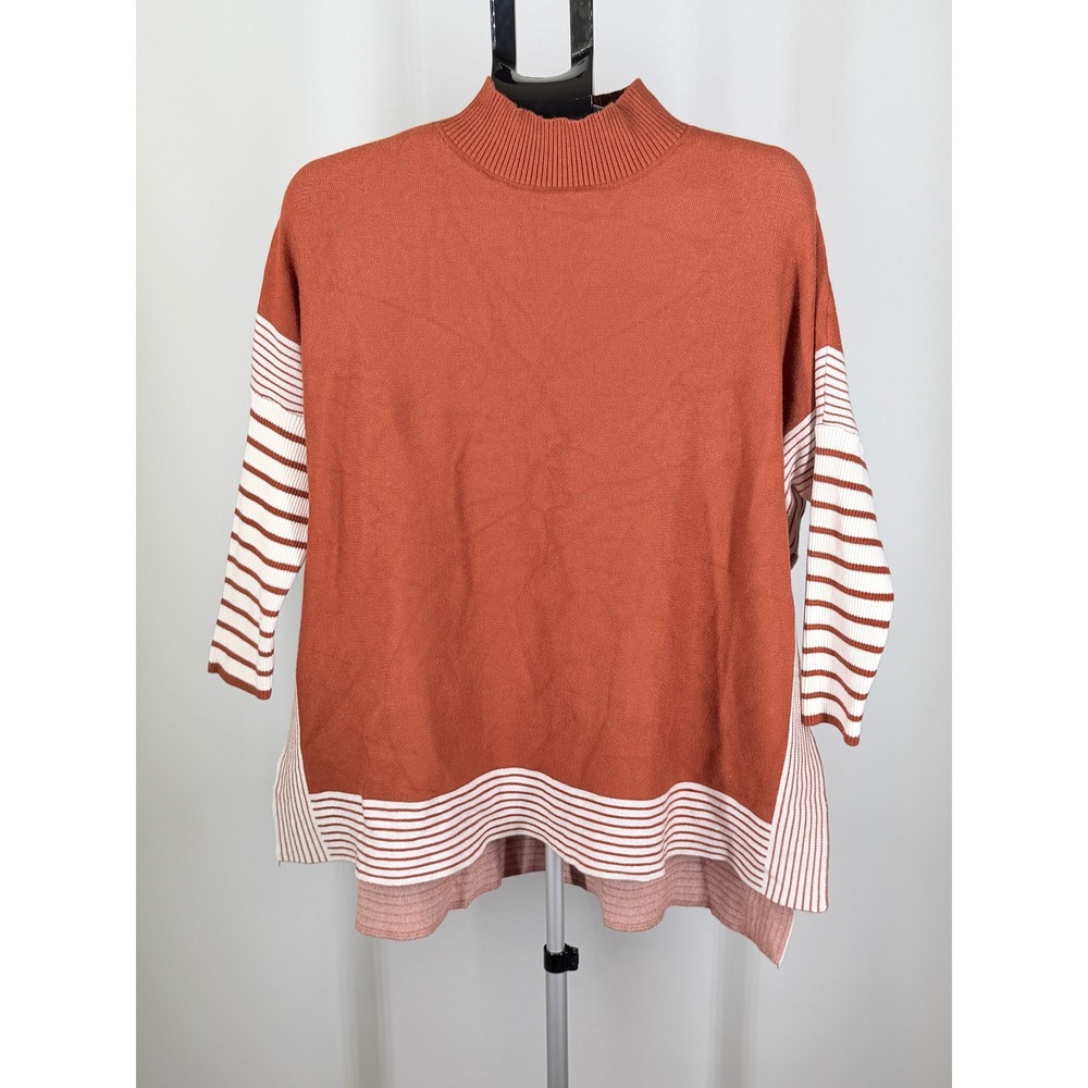 Chicwish Rust Orange Striped Mock Neck Oversized Poncho Sweater One Size
